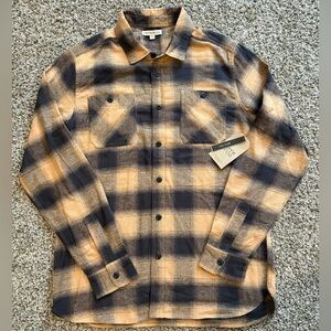 NWT FRYE Men’s Button Down Flannel Shirt Large Tall Tan & Gray Plaid 100% Cotton